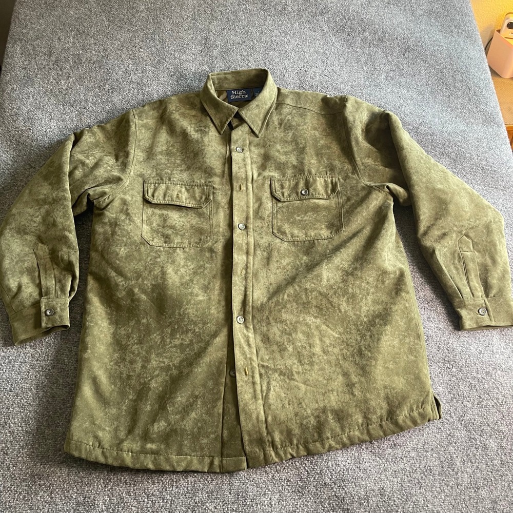 High Sierra Mens Olive Green Faux‎ Suede Long Sleeve Button Down Shirt Pockets